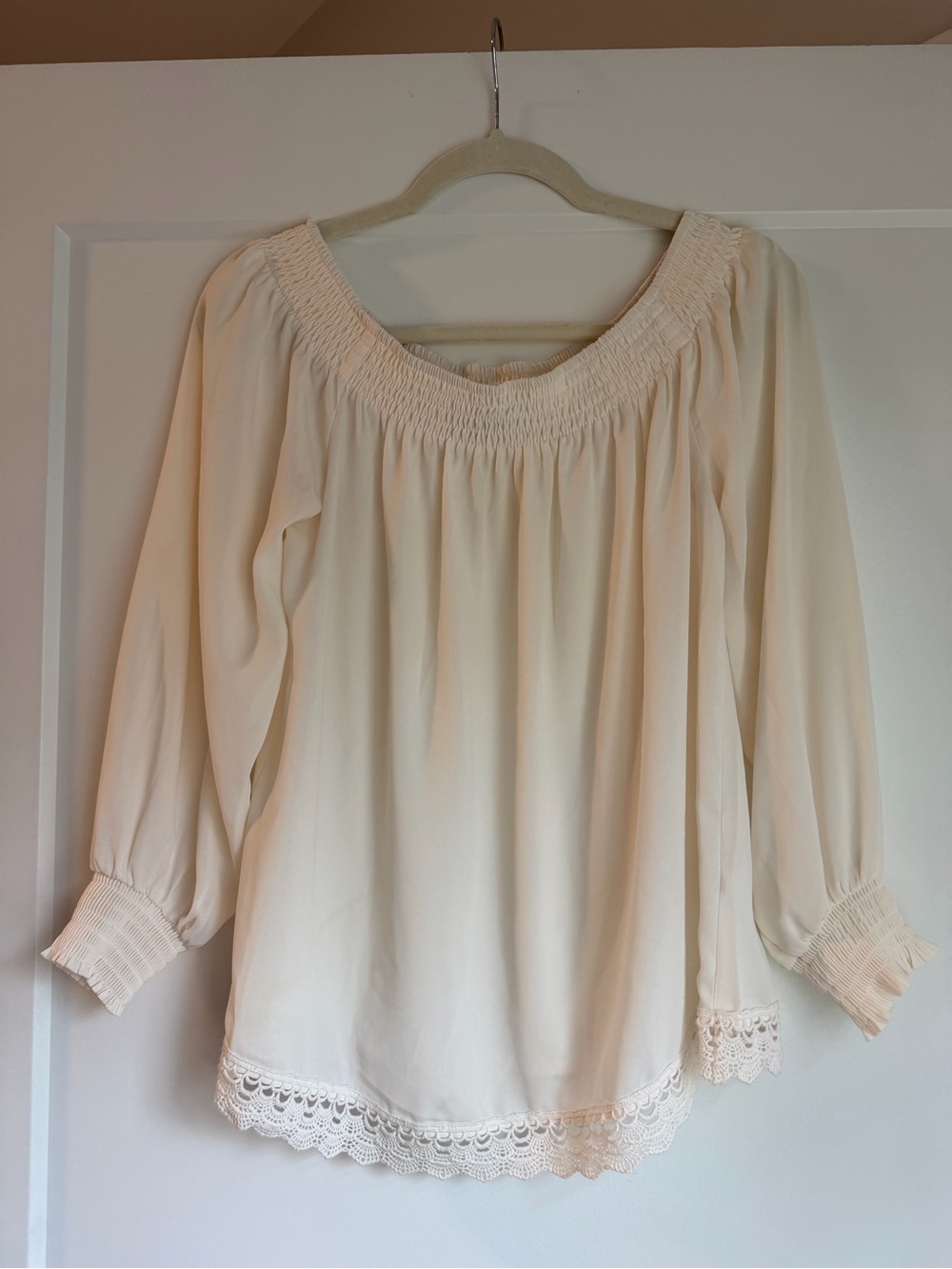 Express Ivory Off Shoulder Sheer Lace Trim Blouse Medium